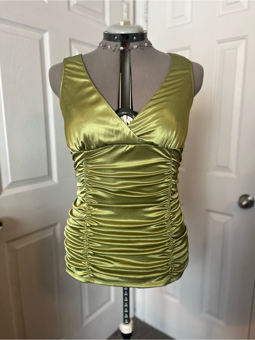 Studio Y Y2K Ruched Satin Tank Top, Green, Size XL